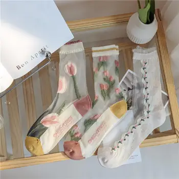 1 Paar Atmungsaktive Ultra Dünne Socken Frauen Mode Sommer Harajuku Crew Socken Retro Blume Streetwear Elastische Lange Socken