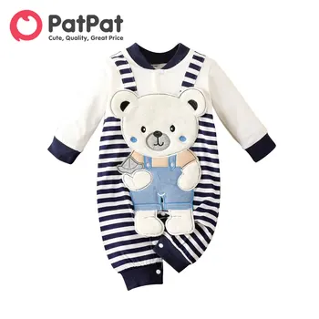 PatPat Baby Boy Kleidung Neue Geboren Overalls Jumpsuit Romper Infant Neugeborenen 95% Baumwolle Lange-sleeve Bear Decor Gestreiften Gespleißt