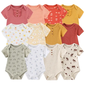 2023 Neue Geboren Bodys 6Pieces Baby Mädchen Kleidung Set Baumwolle Kurzarm Baby Jungen Kleidung Cartoon Sommer Solid Color Bebes