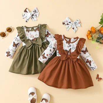 Kleid Für Kinder 3-24 Monate koreanischen Stil Langarm-Blumen-Bogen und Schmetterling Drucken Prinzessin Formale Kleider Ootd Für Baby Mädchen