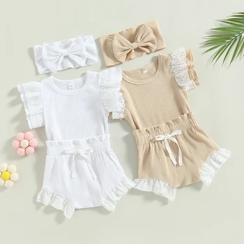 Baby Mädchen Sommer 3PCS Outfit Sets Fliegen Sleeve O-Neck Romper + Drawstring Shorts + Stirnband