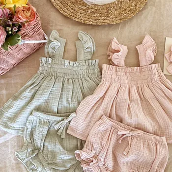Sommer 2023 Baby Mädchen Anzug Set Solide Baumwolle Leinen Casual Square Neck Fly Hülse Tops+Rüschen Shorts Kleidung für Kleinkind Kleinkind