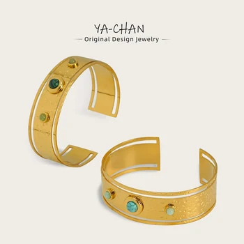 YACHAN Edelstahl Beat Textur Breite Manschette Armband für Frauen Vintage Natürliche Stein Luxus-Armband-Wasserdicht-Schmuck