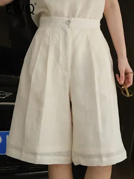 EWQ koreanische Version Vintage Leinen Hosen Für Frauen Hohe Taille Taste Zipper Taschen Lose Halbe Hose 2023 Frühling Neue 26D1066
