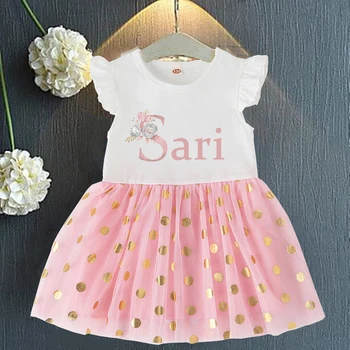 Personalisierte Kleine Mädchen Rosa Kleid Benutzerdefinierte Name Prinzessin Tutu Kleider Baby Geburtstag Party Outfit Kleinkind Kurzarm-Gold Dot