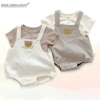 2023 Neue Sommer Neugeborenen Baby Mädchen Jungen Short Sleeve Solid Color Top T-shirts +cartoon Bär Strampler Kid Infant Kleidung Set