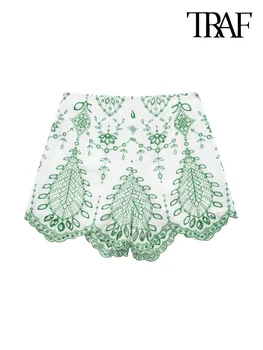 TRAF Frauen Mode Kontrast Cutwork Stickerei Shorts Vintage Mid Taille Seite Zipper Weibliche Kurze Hosen Mujer