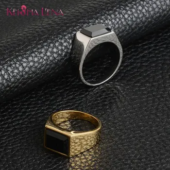 Hohe Qualität Mode Marke Frauen Gold/Silber Farbe Edelstahl Ring Mit Schwarzen Großen Rechteck Stein-Zubehör