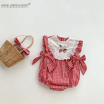 Kleinkind Kinder Mädchen Sommer Fliegen Sleeve Bogen Plaid-Stickerei-Blume-Outfits, Neugeborenes Baby Kleidung Overalls Bodys Geschenk Stirnbänder