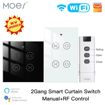 MOES Tuya WiFi RF 2 Gang Doppel Vorhang Blind Schalter für Rollladen Elektromotor Google Home Alexa Smart Life