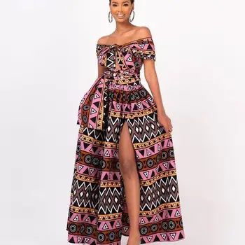 Dashiki afrikanische Kleider für Frauen 2023 Sommer Sexy afrikanische Frauen V-Ausschnitt Kurze Ärmel Polyester Druck Lange Kleid Maxi-Kleid