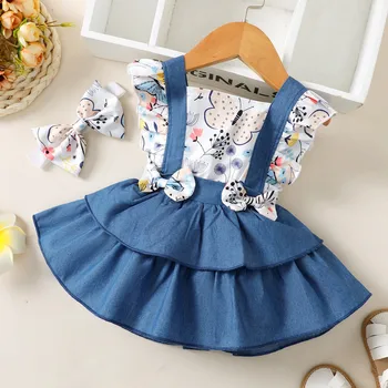 0 24 Monate Neugeborenen Baby Kleidung Sets Mädchen Sommer Kleider Schmetterling Gedruckt Bogen Party Prinzessin Kleider+Stirnband Outfits Sets
