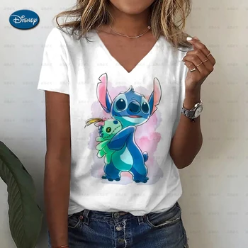 Women 's Disney Lilo und Stich 3D Drucken T-shirt Lose Kurzarm T-shirt Top-Fashion-Women' s V-neck 3D T-shirt S-5XL