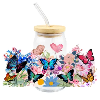 UV-DTF Transfer Aufkleber DIY Spring Flower Butterfly, Umschließt Die Libby Gläser 16 UNZEN Tasse Wasserdicht Mode Frauen Custom Decals