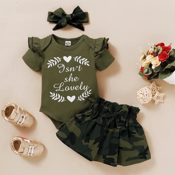 0-2Years Kleinkind Baby Mädchen Camouflage Kleidung Set Brief Gedruckt Rüschen Hülse Overall+Camouflage Rock+Stirnband 3Pcs Outfits
