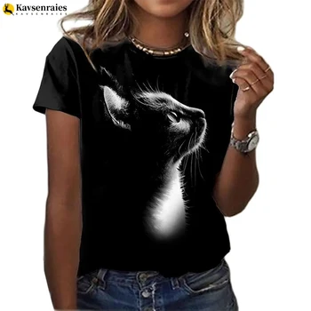 2022 Mode Frau Blusen T-shirt Frauen 3D Katze Druck Schwarz Kawaii T-Shirt Weibliche Kleidung Übergroßen Sommer Casual Tops