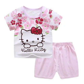 2023 Baby Mädchen Sommer Kleidung Kurz-Hülse Hello Kitty Tops Anzüge Schöne Rosa Kleidung Säuglings Kleinkind Kinder Set