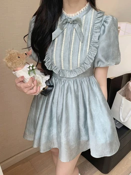 Sommer Ein Stück Kleid Frauen Chiffon Spitze Geraffte Chic Elegante Kleid Weibliche Koreanische Mode Tie Dye Patchwork Party Kleid 2022 Neue