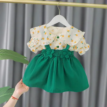 Neue Kleinkind Baby Mädchen Kleidung Set Rüschen Floral Print Revers T-Shirt Top Blumen Strap Kleid Sommer Mode Kleidung Anzug