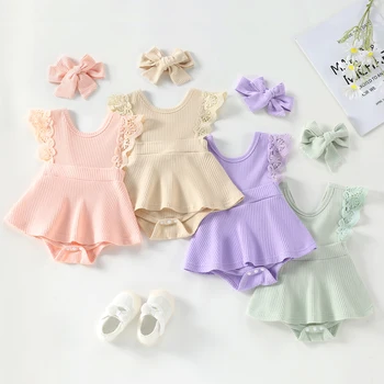 Citgeett Sommer Solide Neugeborenen Mädchen Bodsyuit Outfits Sleeveless Lace Patchwork Dress Style Jumpsuit + Niedlich Stirnband Set