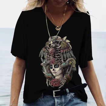 3D Schädel Druck Frauen Sommer 2022 Neue V-neck Top Short Sleeve T-shirt Casual Lustige Horror Harajuku Vielseitig Y2K-Kleidung S-5XL
