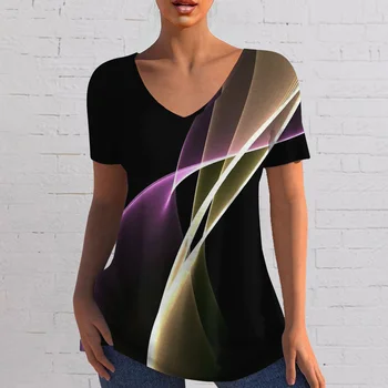 Mode Frauen T-shirt Schillernden Gestreiften Print Kurzarm Kleidung Sommer V-Ausschnitt Übergroßen Pullover Frauen Casual Streetwear