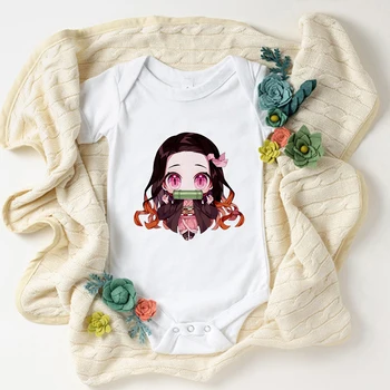 Dämon Slayer Kawaii Neugeborenen Baby Mädchen Jungen Kleidung Anime Harajuku Cute Baby Rompers White Soft Infant Outfits Ropa Bebe Niña