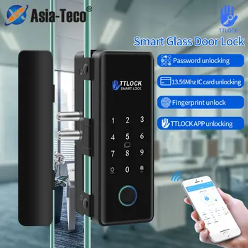 TTLOCK APP Fingerprint Türschloss Bluetooth Smart Glas Türschloss Biometrische Elektronische Steuerung Tür 13.56 M RFID-Remote Entsperren, Keine-Bohren