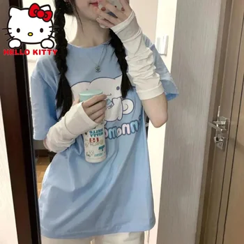 Hello Kitty Short Sleeve T-shirt Y2k-Womans Cinnamoroll Cartoon Übergroßen Paar Kleidung Lose Casual Anime Tees Streetwear Tops