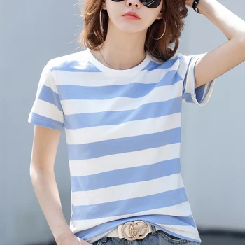 TuangBiang 2023 Sommer Perle Tuch Blau Streifen Baumwolle T-Shirt Frauen Rundhals T-SHIRT Frauen Mode Atmungsaktiv Coole Koreanische Top