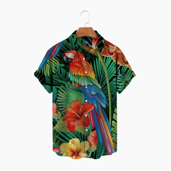 Sommer Parrot Print Shirts for Men Farbe Revers Männer Hemden Hawaii Fashion Herren Kleidung Lose Übergroßen Kurzarm Tops 5xl