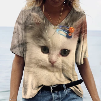 2022 Mode Frauen T-shirt Kawaii Katze 3D Print V-neck Casual Kurzarm Shirt Frauen Kleidung Übergroßen Lose Streetwear Tops