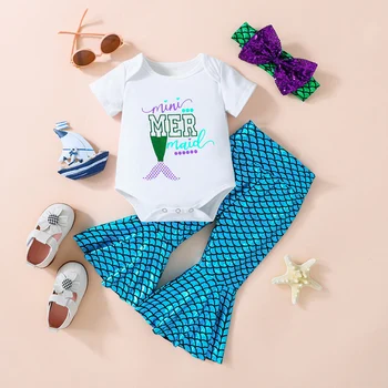 2023-04-05 Lioraitiin 0-18M Neugeborenen Baby Mädchen 3Pcs Spring Outfits Mermaid Printed Bodysuit Top Bell Bottoms+Stirnband