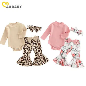ma&baby 0-18M Newborn Infant Baby Mädchen Kleidung Set Knit Romper Bow Floral Leopard Print Flare Hosen Stirnband Herbst Outfits D01
