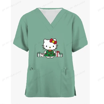 Hello Kitty Print Krankenschwester Uniform Frauen Scrubs-Die Anfänger Pullover Kurzarm Arbeit Bluse Sommer Cartoon Krankenschwester Bluse Krankenpflege Uniformes