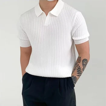 Mode Stricken einfarbig Männer Polo-Shirt Slim Kurzarm-Turn-down-Kragen Geripptem Polo-Tee 2023 Sommer Männer Kleidung Casual Tops