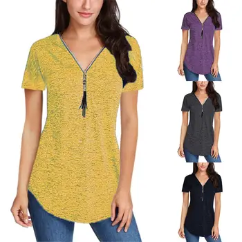 Tassel Zipper V-Ausschnitt Kurzarm T-Shirt Casual Women Solid Color Tunic Top