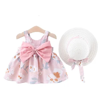 Großen Bogen Blume Baby Mädchen Strand Kleider Schöne Sommer Infant Baby Mädchen Kleidung Baumwolle Kleinkind Kleider+Sonnenhut Neugeborenen Kleidung Set