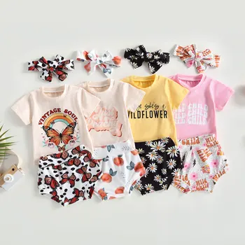FOCUSNORM 3pcs Baby Mädchen Kleidung Sets Brief Short Sleeve T-Shirts Floral/Butterfly/Peach Print Shorts Stirnband Set 0-24M