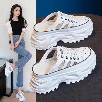 Echtes Leder Frauen Sommer Schuhe Plattform Hausschuhe Keil Sandalen Strass Hohle Weibliche Slip auf Schuhe Weiß Sandalen Frauen