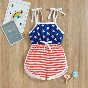 FOCUSNORM Independence Day Baby Mädchen Sommer Overalls 0-3Y Strap Sleeveless Gestreiften Sterne Gedruckt Strampler Kleidung