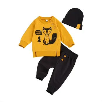 Kinder Lange Ärmel Lange Hosen Anzug, Neugeborene Jungen Fuchs Gedruckt Kleidung Set Herbst Runde Kragen Outfits mit Hut 3pcs set