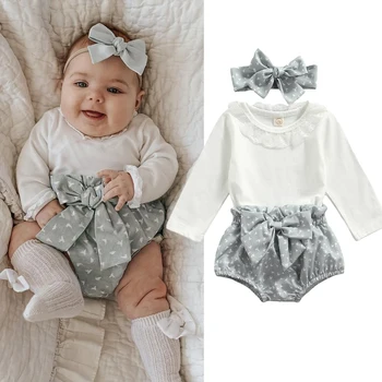0-18M Newborn Infant Baby Mädchen Kleidung Set Langarm Lace Neck Romper Bow Shorts Bloomer Headban 3pcs Frühling Herbst Set
