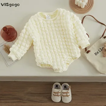 VISgogo Baby Mädchen Jungen Sweatshirt Romper Solid Color Überprüft Crew Neck Long Sleeve Snaps Jumpsuit für 0-24 Monate Kleinkinder