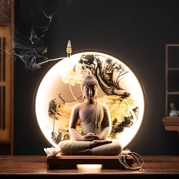 Große Buddha-Statue, Buddha Shakyamuni Tathagata Buddha Statue Keramik-LED-Lampe Ring Dekoration Linie Weihrauch Brenner