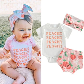 FOCUSNORM 0-18M Infant Baby Mädchen Sommer Kleidung Sets Outfit Letter Short Sleeve Romper Peach Print Shorts Stirnband Set