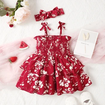 Neue geboren baby Mädchen Sommer rot Bogen sling Blume drucken zwei-Schicht Prinzessin Kleid