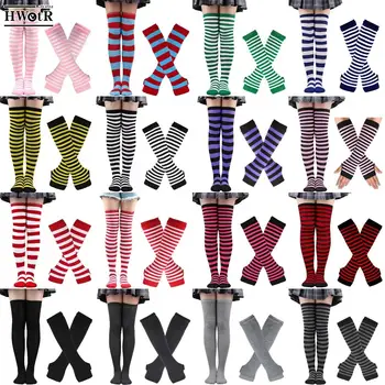 Gestreiften Über Knie Hohe Socken Set Für Frauen Mädchen Strumpf Arm Ärmel Lange Socken Weihnachten Dicke Handschuhe Strumpf Warme Knie Socken