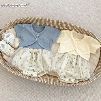 Neugeborenen Baby Mädchen Sommer Kleidung Set: Floral Sling One-piece Bodysuit, Mesh-Patchwork, Solide Mantel - 2pcs für Kleinkinder-Kids 0-24M