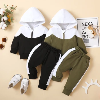 Infant Neugeborenen Baby Jungen Frühling Herbst Outfit Sets Langarm Patchwork Hoodie + Plaid-Hose mit 2 Taschen Sportwear